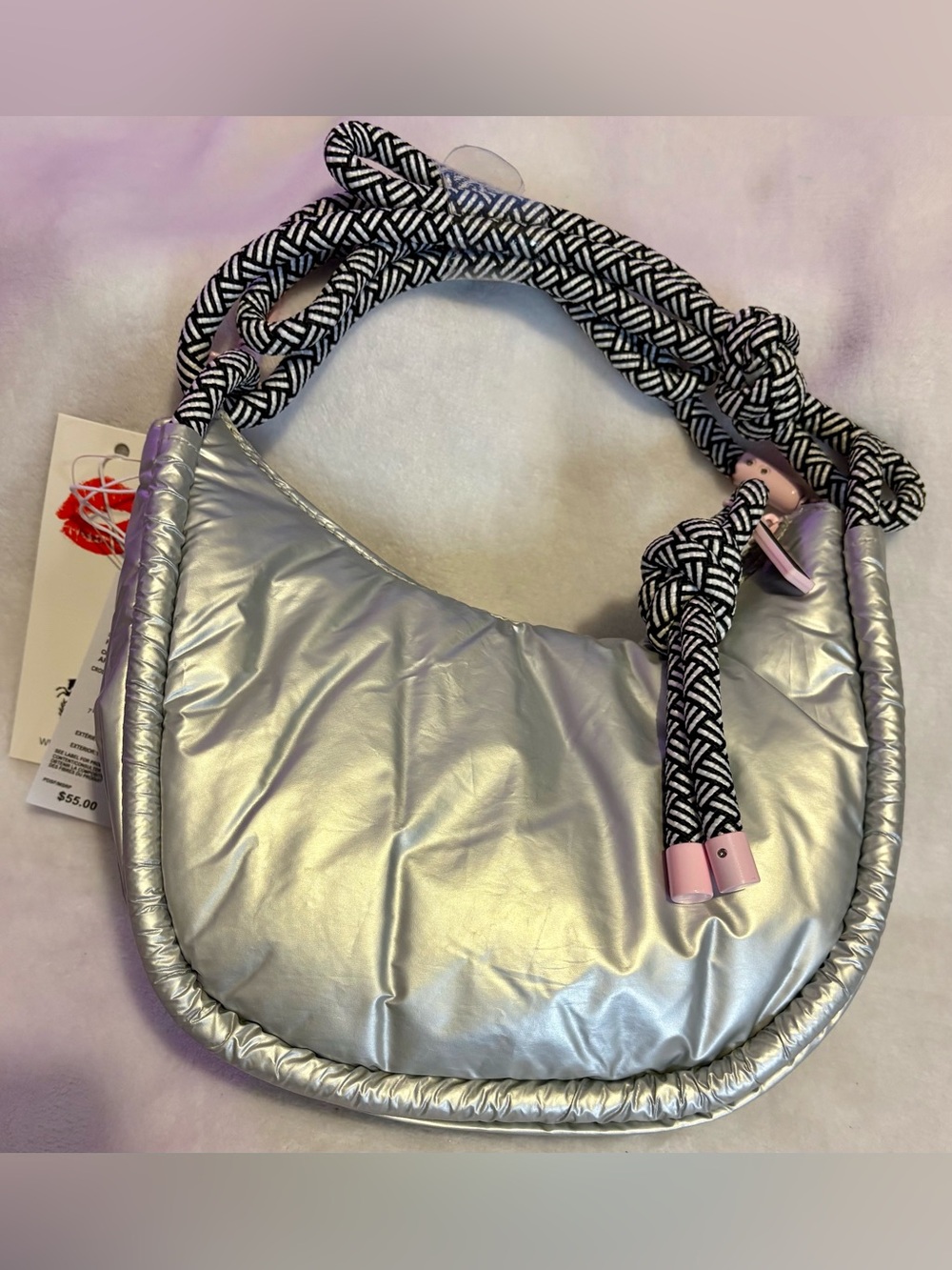 Wildfox Silver Quilted Hobo Bag with Braided Black & White Strap